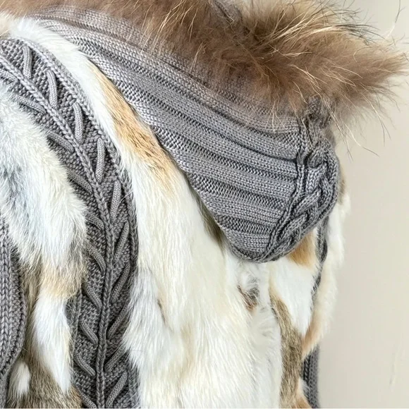 Rabbit Fur and Cable Knit Cardigan Jacket with Hood - Picture 12 of 15